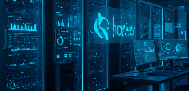 A futuristic digital workspace with glowing blue servers