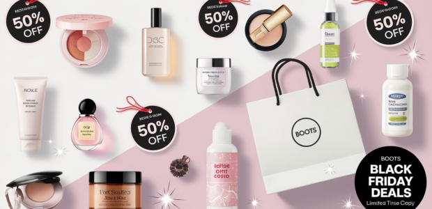 A vibrant and modern Black Friday promotional banner featuring beauty and skincare products from Boots.com