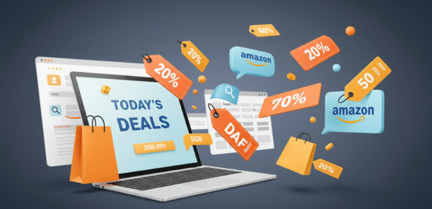 A vibrant, modern digital illustration of an online shopping scene filled with colorful discount tags, promo codes, and deal bubbles. The composition includes a laptop or smartphone screen displaying a "Today’s Deals" banner, surrounded by flying coupons, price tags with percentages off (e.g., 20%, 50%), and shopping bags.