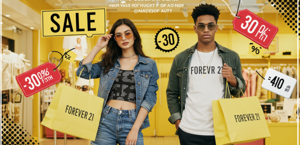 A vibrant, modern fashion-themed image showcasing a stylish young woman and man wearing trendy, affordable outfits from Forever 21