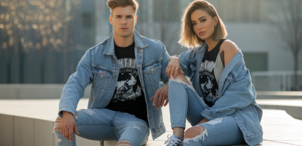 A stylish young man and woman in their late teens to early twenties, casually posing outdoors in a sunlit urban setting. They're wearing trendy American Eagle outfits — ripped jeans, graphic tees, denim jackets, and sneakers. The vibe is carefree, confident, and youthful. Natural lighting, warm tones, and a modern, lifestyle aesthetic.