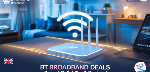 A sleek and modern promotional image showcasing high-speed British Telecom (BT) broadband. The background features a cozy, tech-savvy British home interior with soft blue lighting, a glowing Wi-Fi router on a wooden desk, and a laptop streaming ultra-HD content. Include BT's iconic blue and purple color branding, subtle glowing lines representing fast internet flow, and a text overlay that reads “BT Broadband Deals – Speed, Reliability & Savings!” in bold, modern font. Add a small UK flag in the corner.