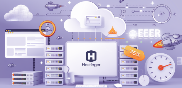 A modern and vibrant digital illustration of a web hosting concept with cloud servers, website icons, and fast-speed symbols (like rockets or speedometers). The scene should include the Hostinger logo subtly displayed on a server or monitor screen.