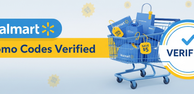 A blue Walmart shopping cart filled with bags and 15% off discount tags next to a verified checkmark badge and the text "Walmart Promo Codes Verified.